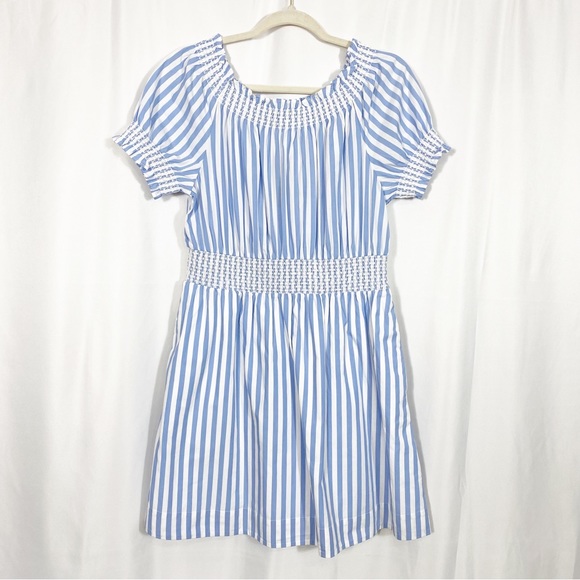 J. Crew Smocked Puff Sleeve Cotton Poplin Dress: Blue White Stripe Nautical - Picture 2 of 14